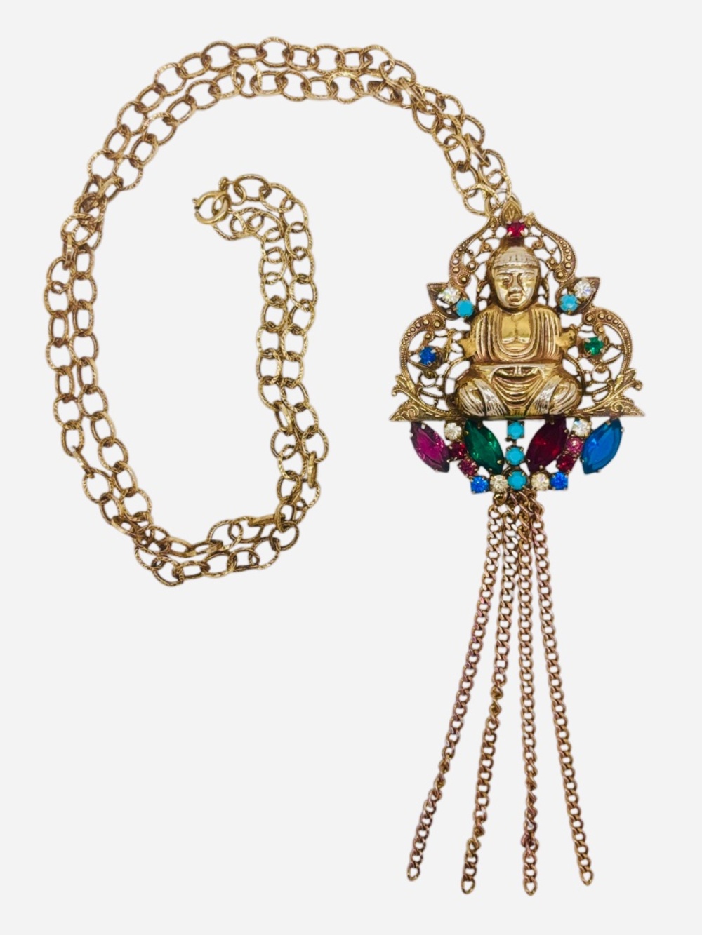 Vintage 60s 70s Filigree Jewels Rhinestone Buddha Statement Necklace